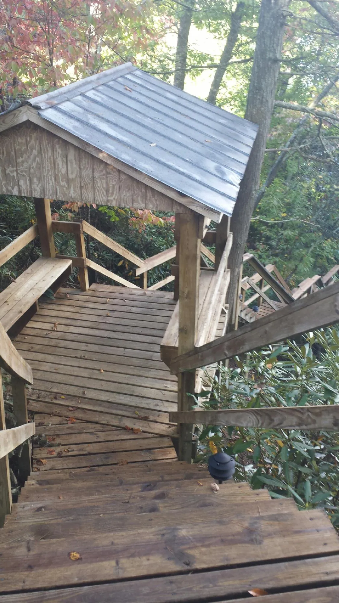 Metal roofed shelter over wooden steps on a wooded walkway — Skylight Repair & Installation work by our crew in Bostic